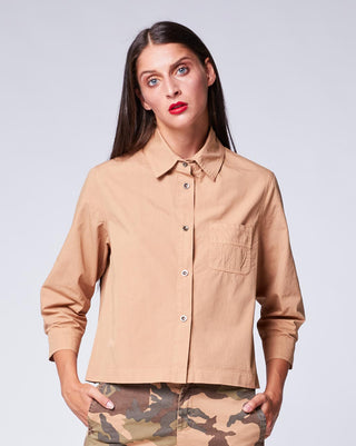 Cropped Collared Neck Button-Up Boxy Cotton Camel Shirt