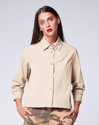 Cropped Collared Neck Button-Up Boxy Cotton Beige Shirt