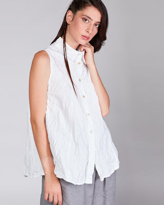 Cotton-Crinkled-Sleeveless-Button-Up-Shirt in white by baci