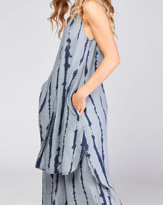 Cotton-Silk-Blend-Striped-Sleeveless-Button-Up-Shirtdress close up by baci