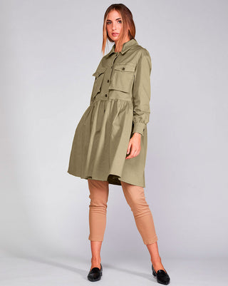 Cotton-Tierd-Ruffle-Patch-Pocket-Overcoat in green by baci fashion