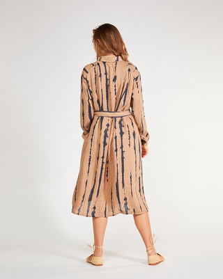 Linen-Drip-Striped-TIe-Waist-Button-Up-Shirtdress back view by baci fashion