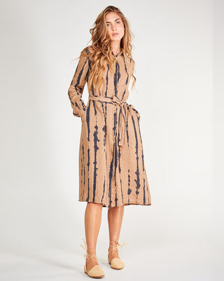 Linen-Drip-Striped-TIe-Waist-Button-Up-Shirtdress full view by baci fashion
