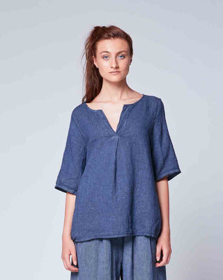 Navy 3/4 Sleeves Linen Pinstripe Popover V-Neck Slightly Loose Versatile Tunic
