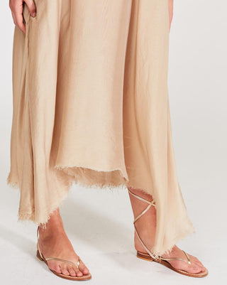 Silk-Blend-Deep-V-Neck-Raw-Hem-Maxi-Dress close up view 