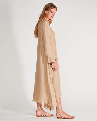 Silk-Blend-Deep-V-Neck-Raw-Hem-Maxi-Dress side view by baci fashion