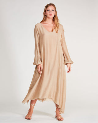 Silk-Blend-Deep-V-Neck-Raw-Hem-Maxi-Dress in beige by baci fashion
