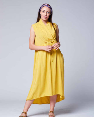 Sleeveless-Drawstring-Wrap-Dress in yellow by baci fashion