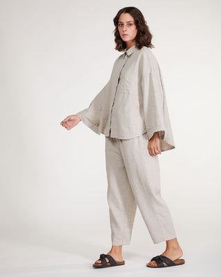 Upcycled-Linen-Pleat-Back-Hi-Lo-Button-Up-Shirt full outfit baci fashion