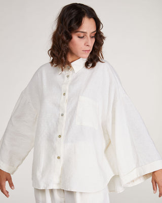 Upcycled Linen Pleat Back Hi-Lo Button-Up Shirt baci fashion white natural color