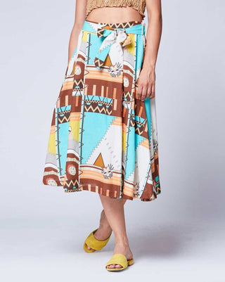 A maxi skirt with a belted waistband, featuring a geometric Aztec pattern in multicolor.