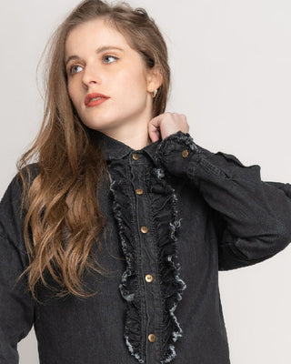 Denim Ruffle Trim Button-Up Shirt - Baci Fashion