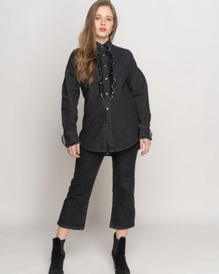 Denim Ruffle Trim Button-Up Shirt - Baci Fashion