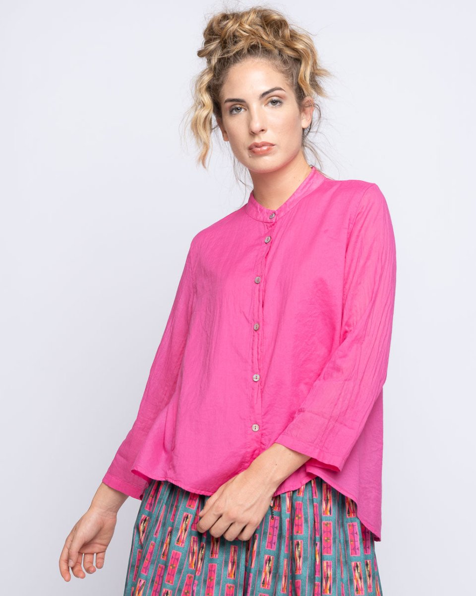 Hi-lo Button-Up Band Collar Shirt - Baci Fashion