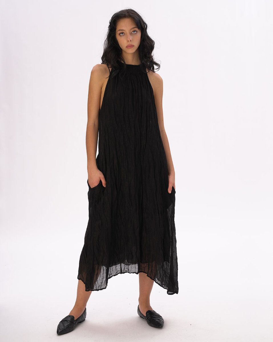Mock Neck Crinkled Cotton Linen Tank Dress Black / M Mock Neck Crinkled Cotton Linen Tank Dress Black / M