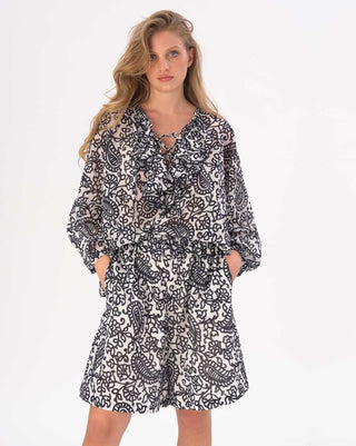 Tie Neck Cotton Watercolor Paisley Floral Shirt - Baci Fashion